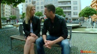 Blond-haired hotty drops on all fours to deep-throat wood