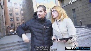 Outdoorsy nerd girl gets plowed and facial'd on camera